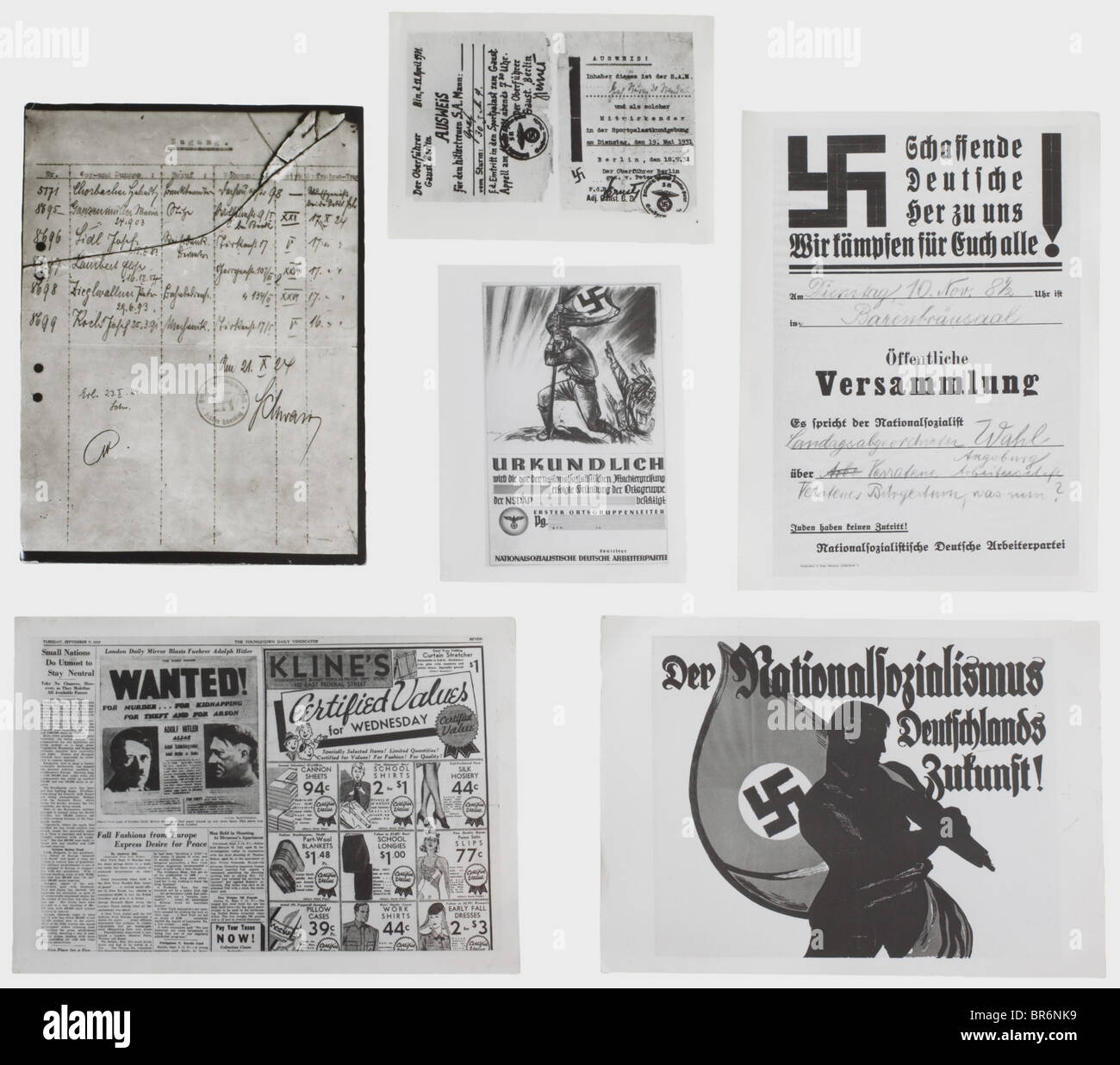 Plus de 500 photos de l'archive centrale du NSDAP., De Différentes tailles, presque toutes les photos ont le cachet de l'archive centrale au dos. Certains avec des timbres des correspondants de photo, certains avec des remarques supplémentaires. Des photos très intéressantes, parmi lesquelles l'une des cartes membres du DAP Hitlers, des documents incomptables comme des cartes d'adhésion de différentes organisations (entre autres Noske-ID), des lettres à Hitler, des lettres utilisées dans les procès, des lettres 'strictement confidentielles'-NSDAP, aussi des affiches du NSDAP (DAP), du KPD et d'autres parties des années 1920 et EAR, Banque D'Images