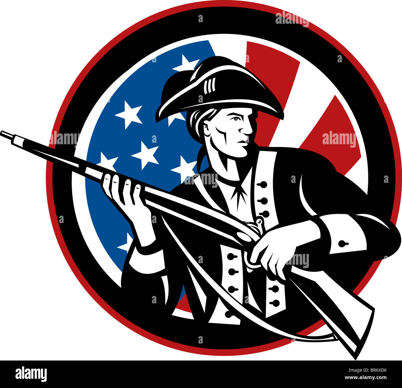 Illustration d'un soldat de la révolution américaine au fusil et d'un drapeau en arrière-plan défini à l'intérieur d'un cercle Banque D'Images