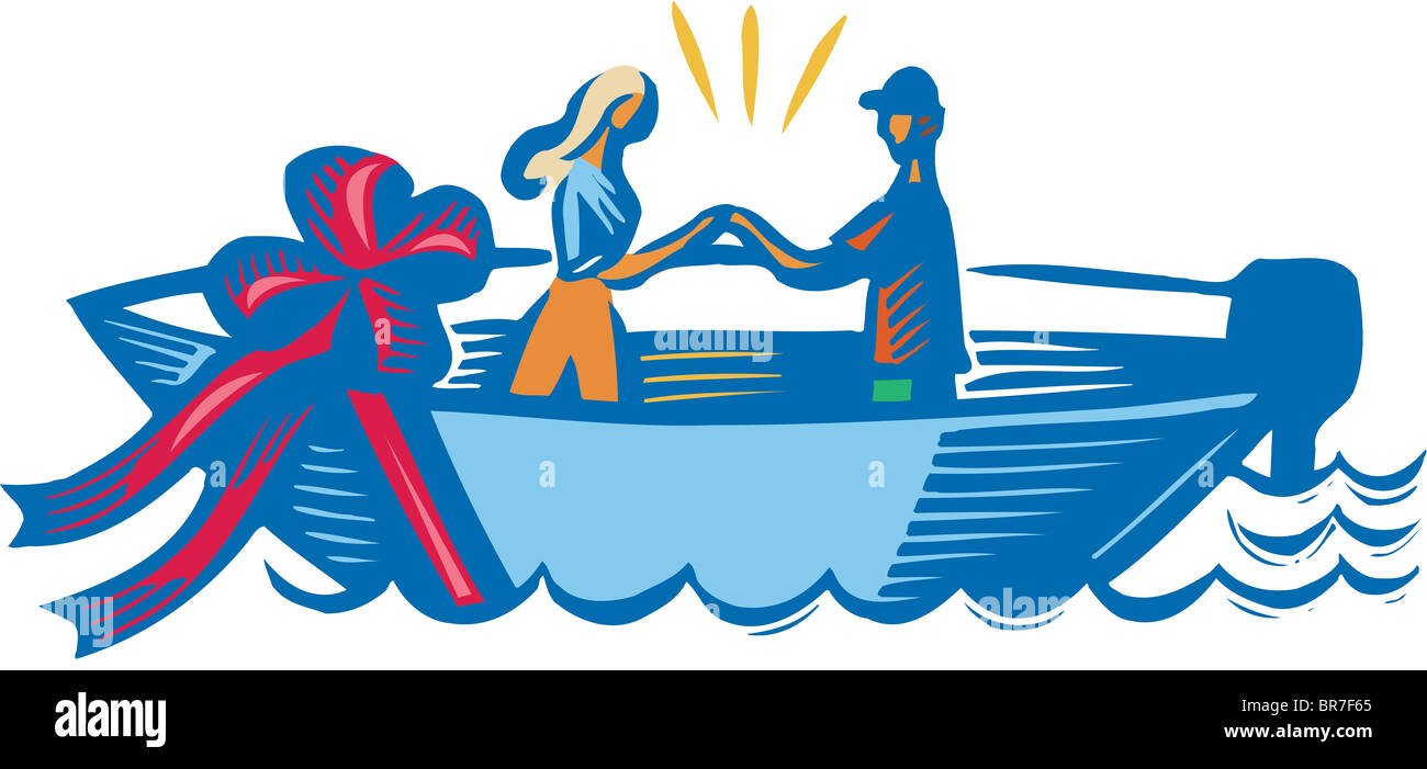 Un couple sur un bateau avec giant red bow on c Banque D'Images