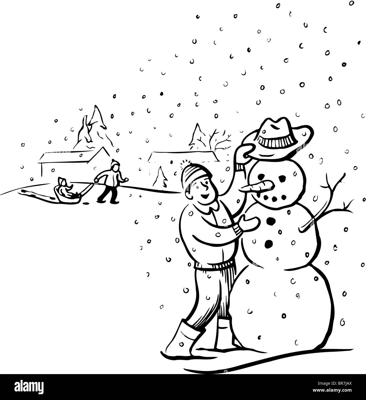 Une Illustration En Noir Et Blanc D Un Homme Faire Un Bonhomme De Neige En Hiver Photo Stock Alamy