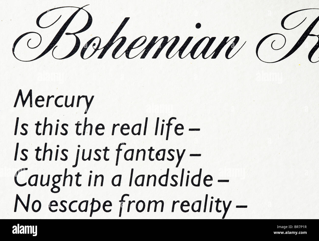 Bohemian Rhapsody Queen lyrics imprimé sur l'une nuit à l'Opéra pochette Banque D'Images