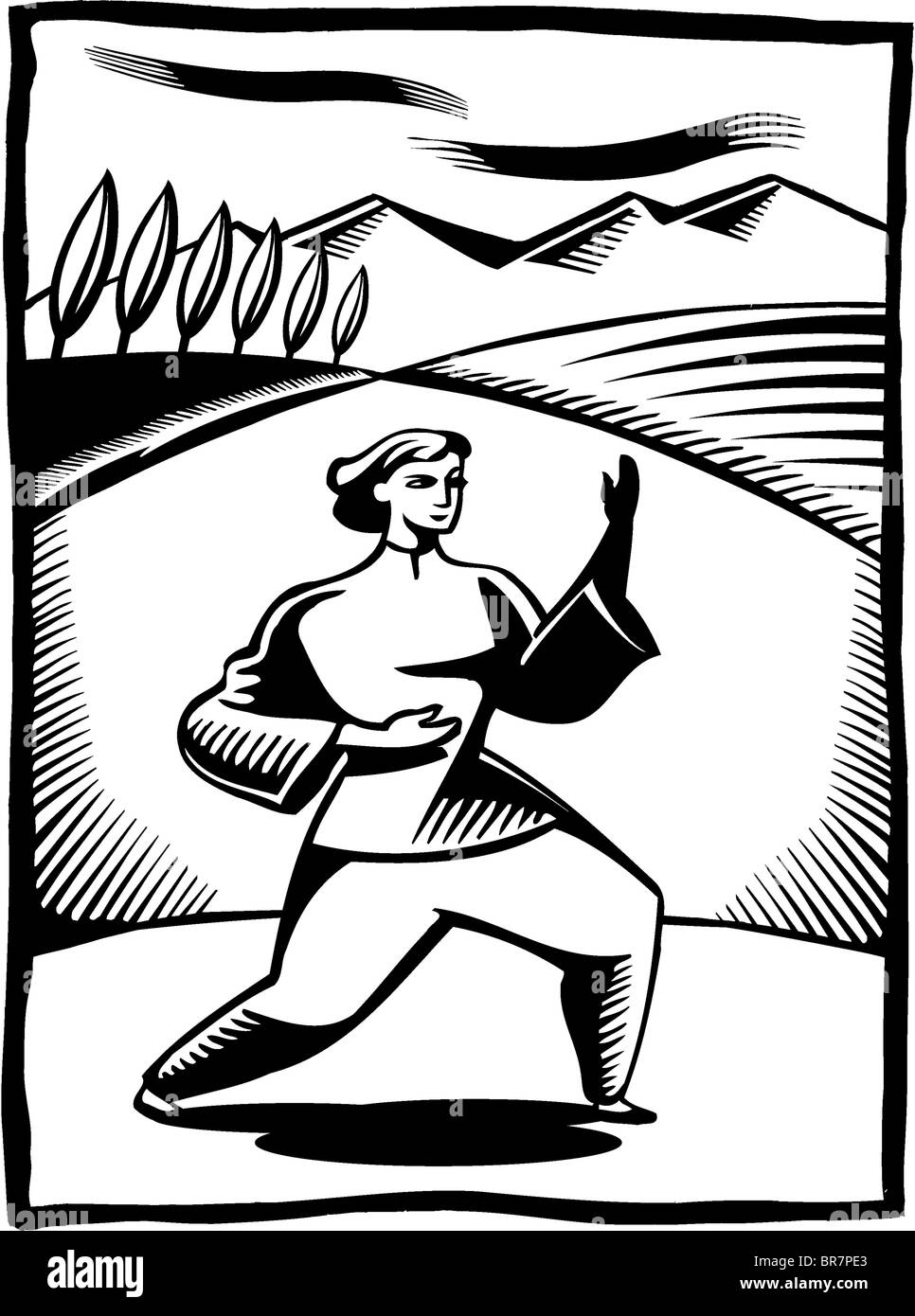 Un dessin en noir et blanc d'une femme fait en plein air Tai Chi Banque D'Images