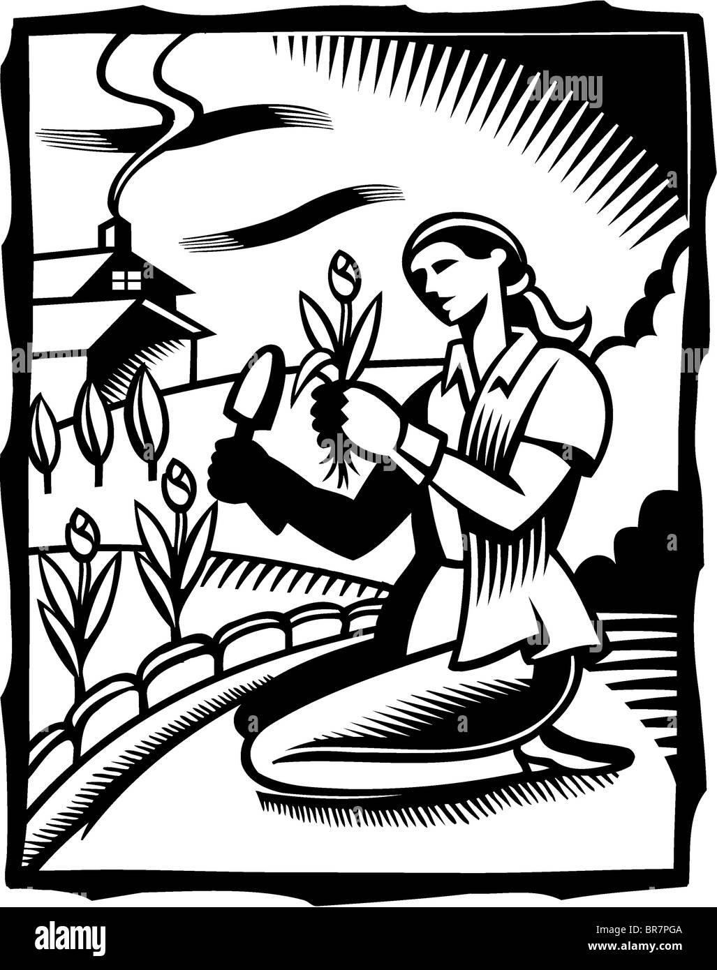 Un dessin en noir et blanc d'une femme faisant du jardinage Banque D'Images