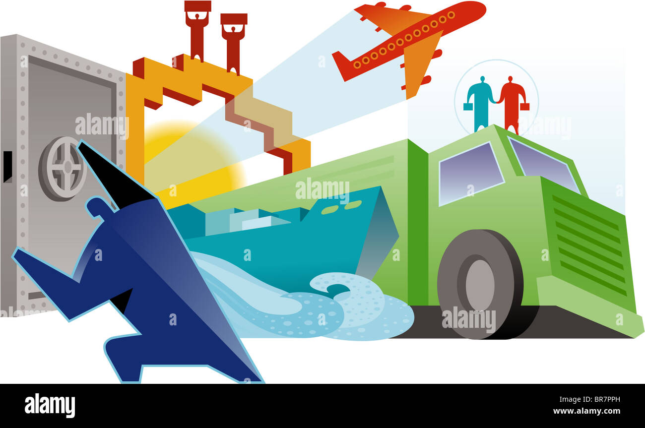 Une illustration de transports terrestres, maritimes et aériens Banque D'Images