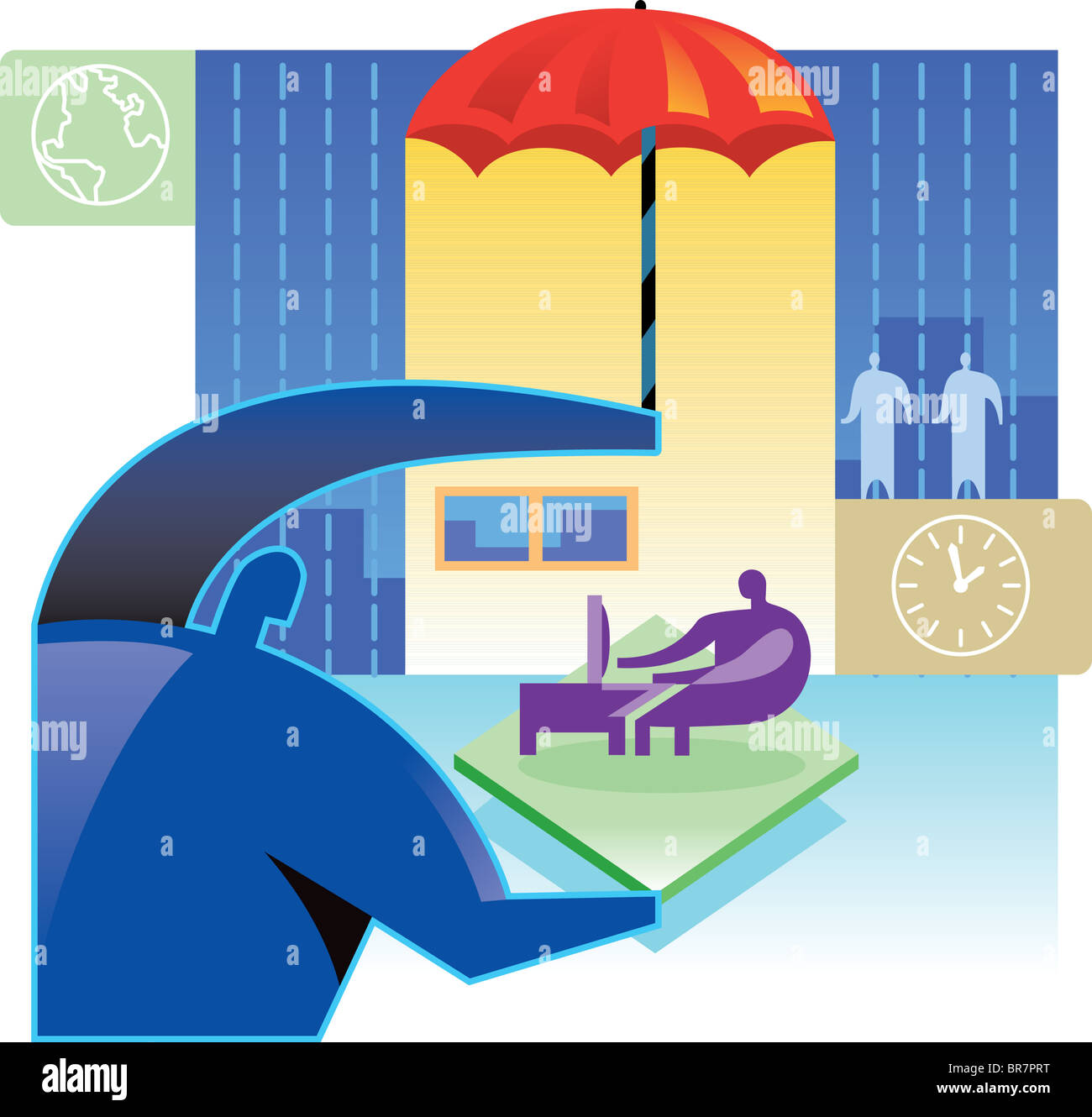 Illustration de l'assurance - Un homme est titulaire d'un parasol au-dessus de l'employé Banque D'Images