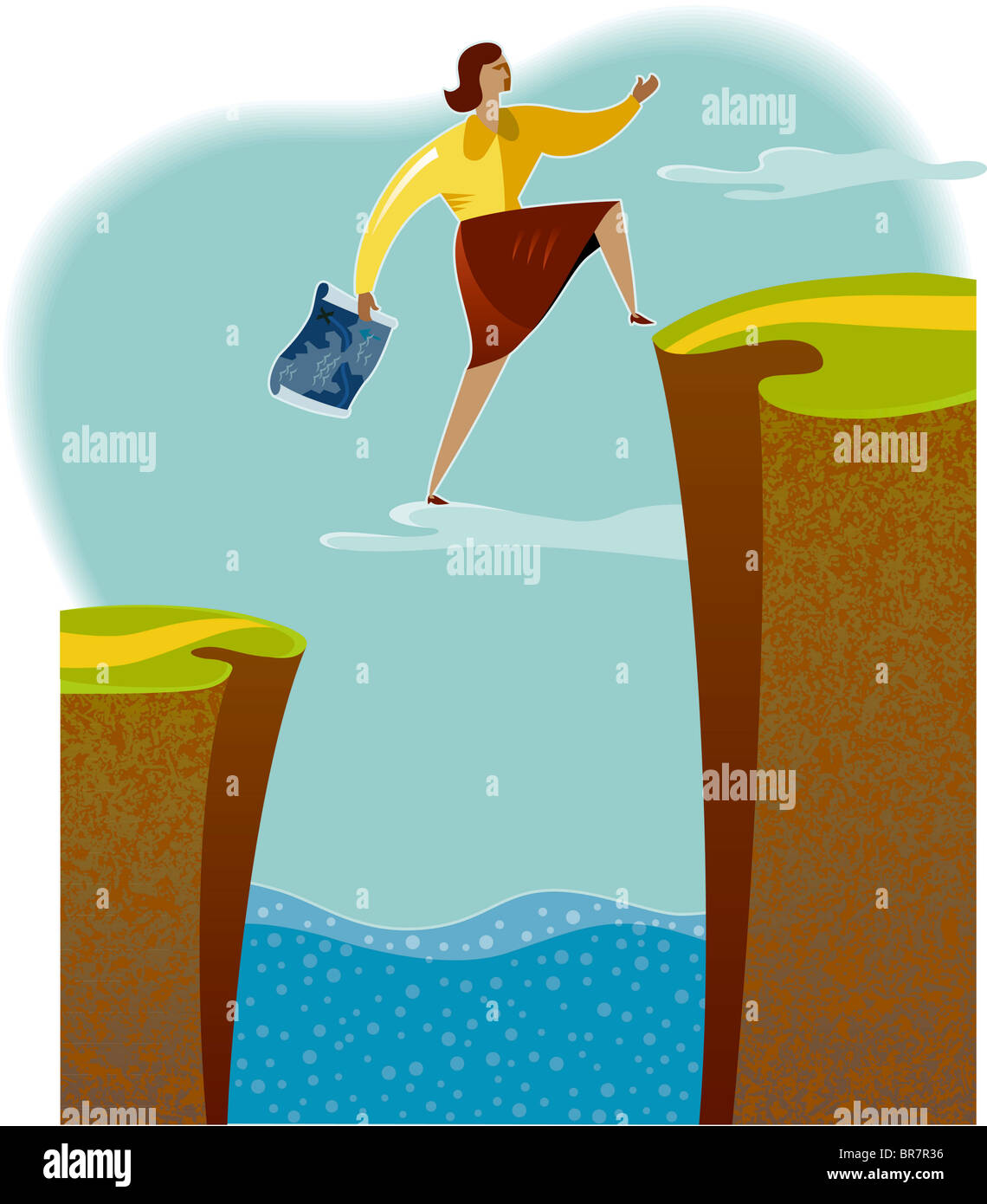 Une femme sautant par-dessus une crevasse Banque D'Images