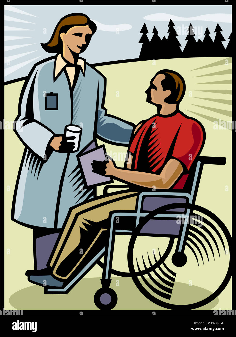 Un médecin parlant à un patient dans un fauteuil roulant Banque D'Images