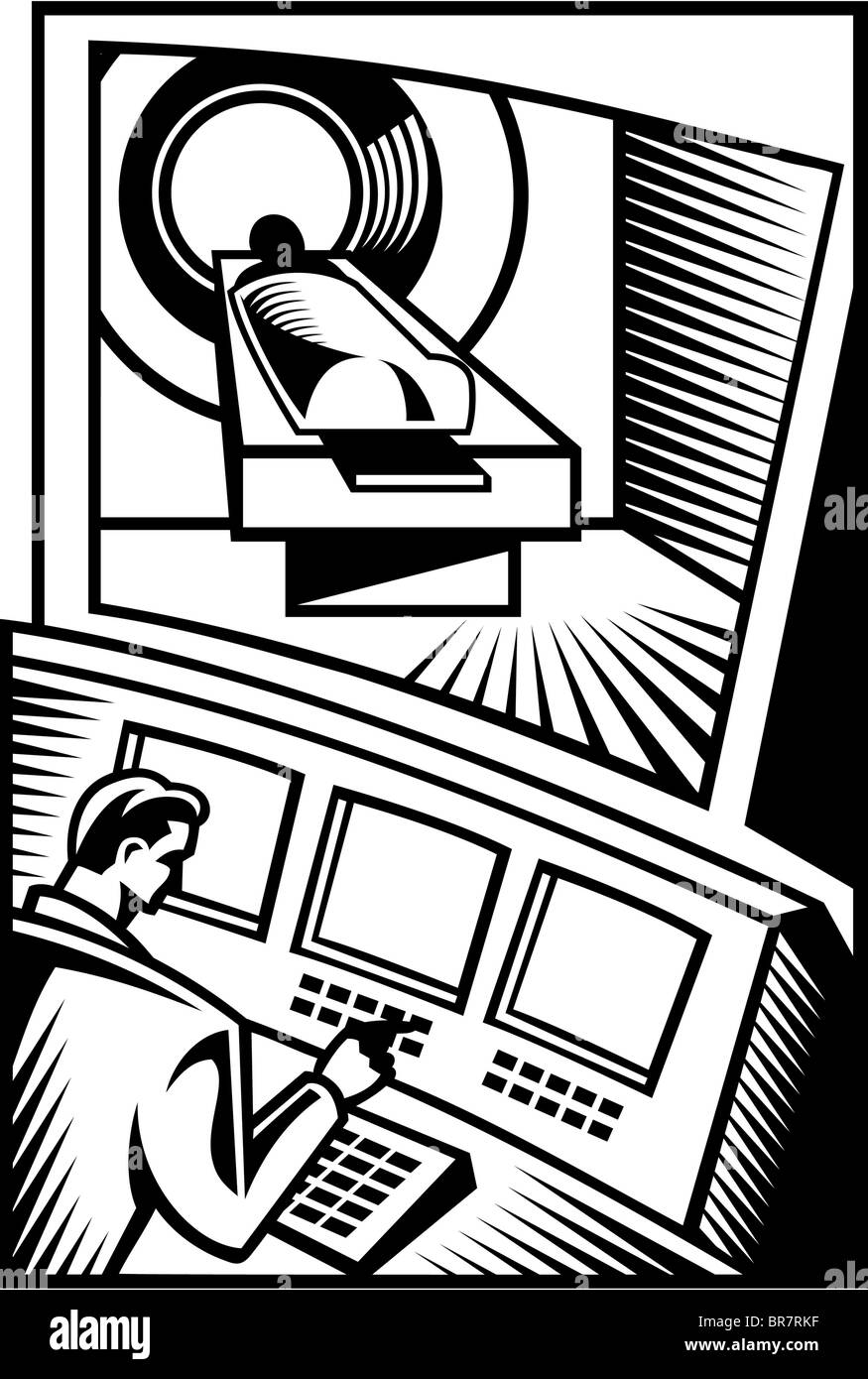 Un dessin en noir et blanc d'un médecin d'administrer à un patient un CT scan Banque D'Images