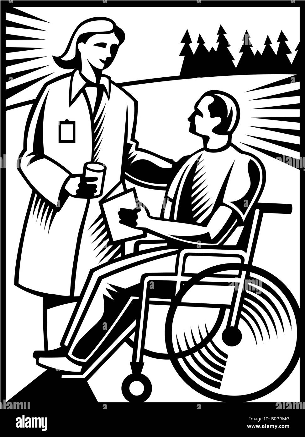 Un médecin parlant à un patient dans un fauteuil roulant en noir et blanc Banque D'Images