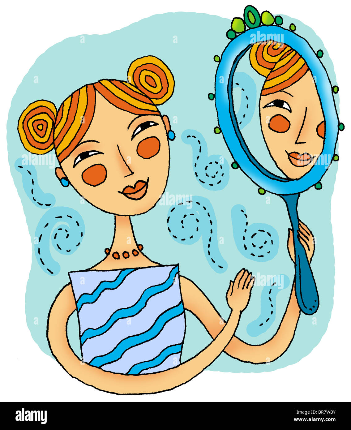 Une jeune fille souriant à son reflet dans le miroir Banque D'Images