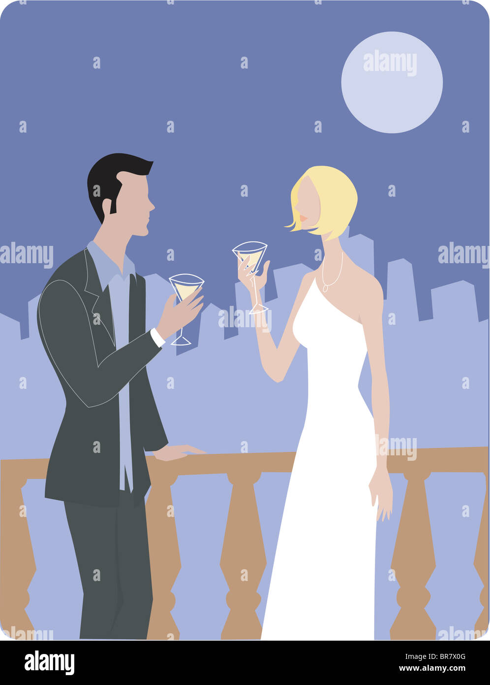 Un homme et femme à boire des martinis sur une terrasse Banque D'Images