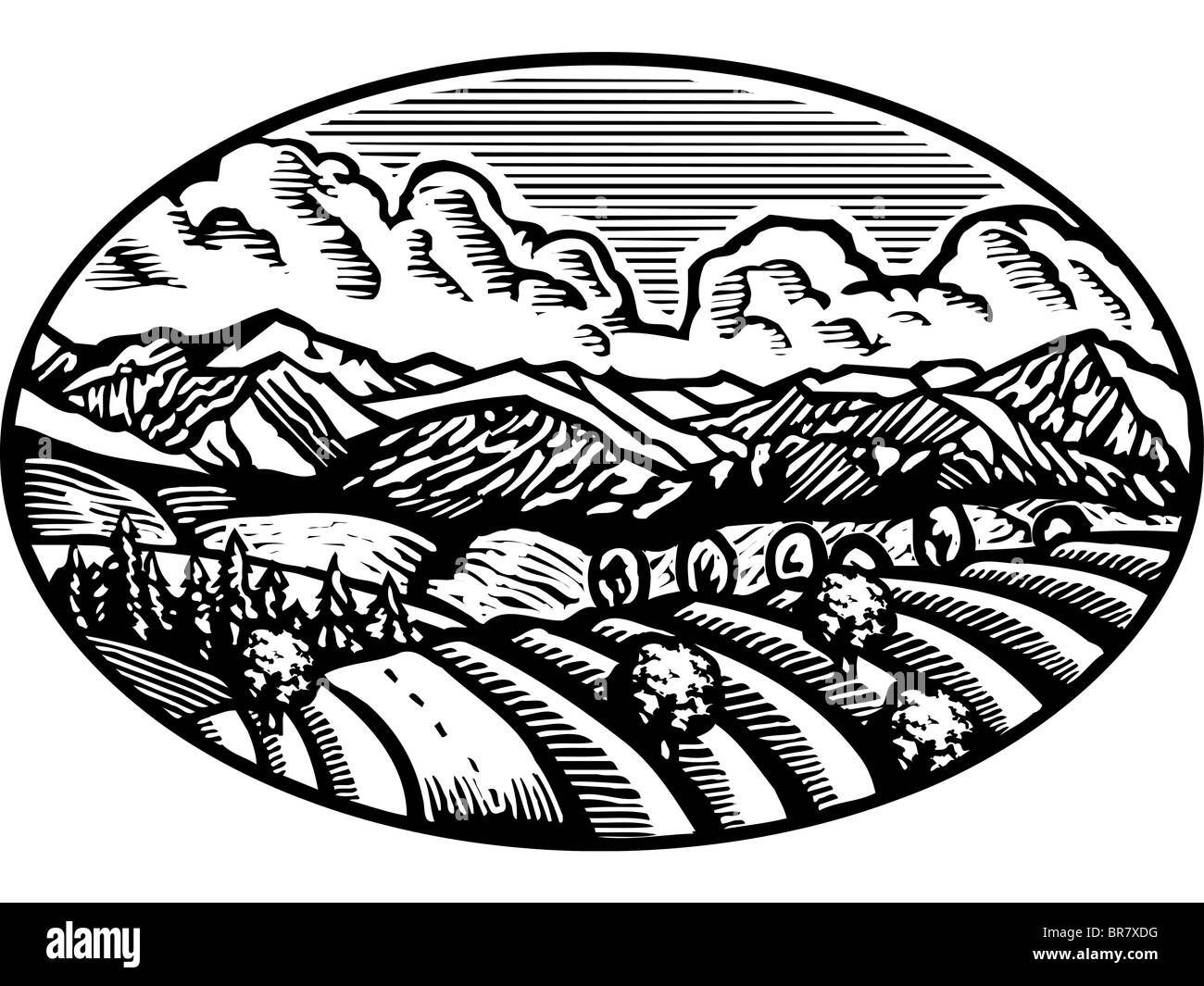 Collines et montagnes en noir et blanc Banque D'Images