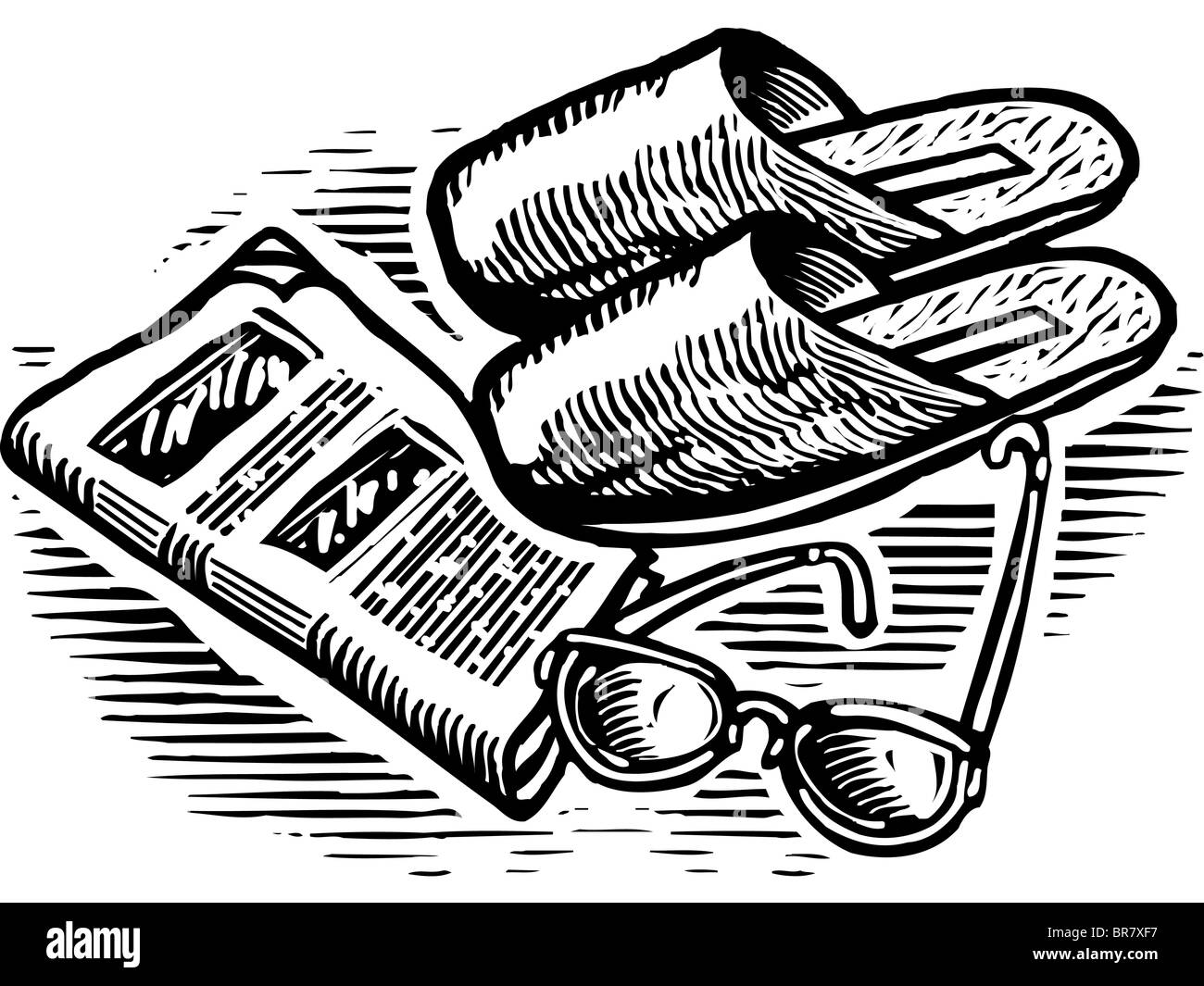 Une illustration en noir et blanc de chaussons, des verres, et de journaux Banque D'Images
