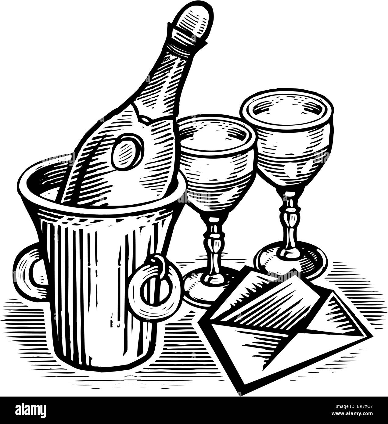 Une bouteille de champagne et verres illustré avec une carte dessinée en noir et blanc Banque D'Images