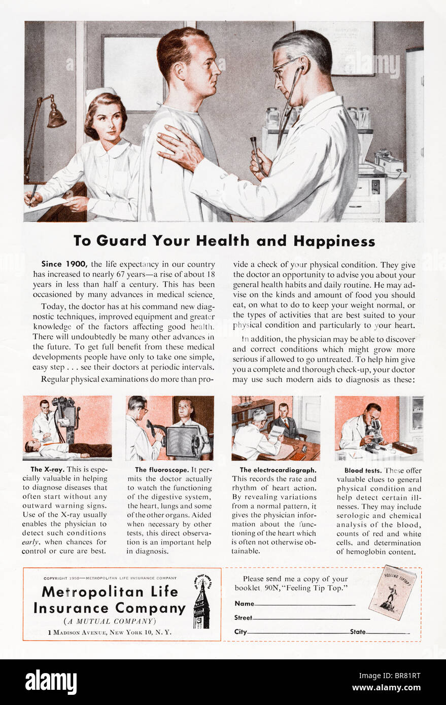 Magazine américain annonce pour la Métropolitaine, Compagnie d'assurance vie vers 1950 Banque D'Images