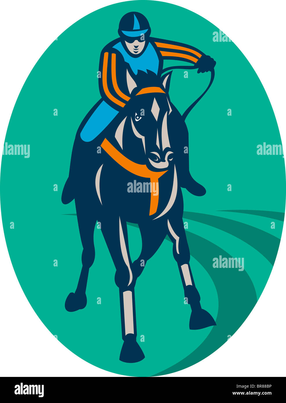 Horse and jockey racing race track vue avant Banque D'Images