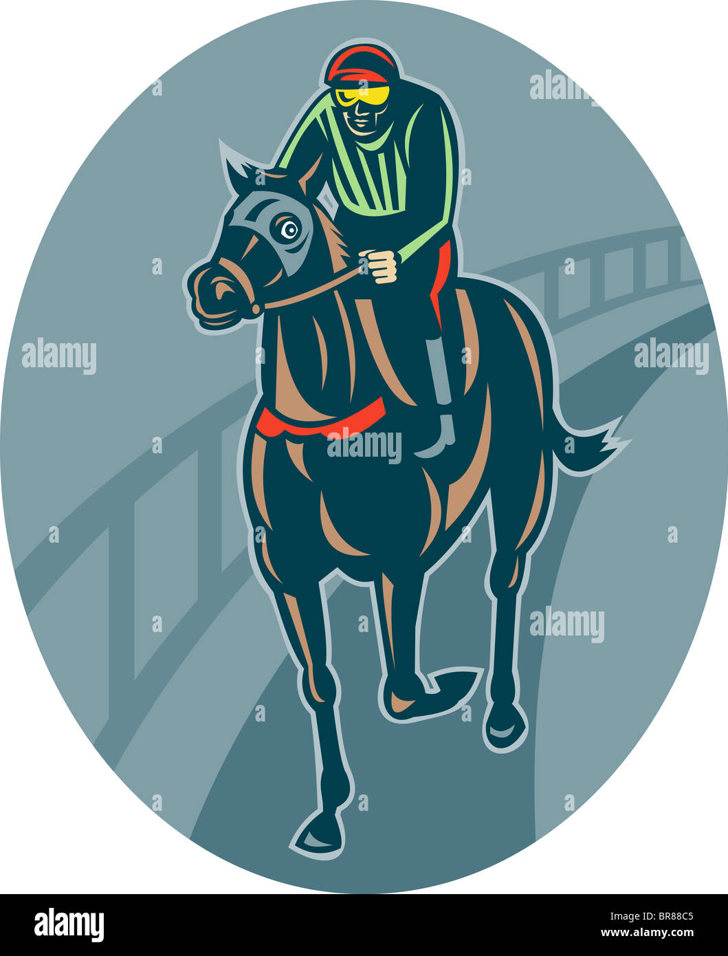 Horse and jockey course sur piste de course fait en style rétro. Banque D'Images