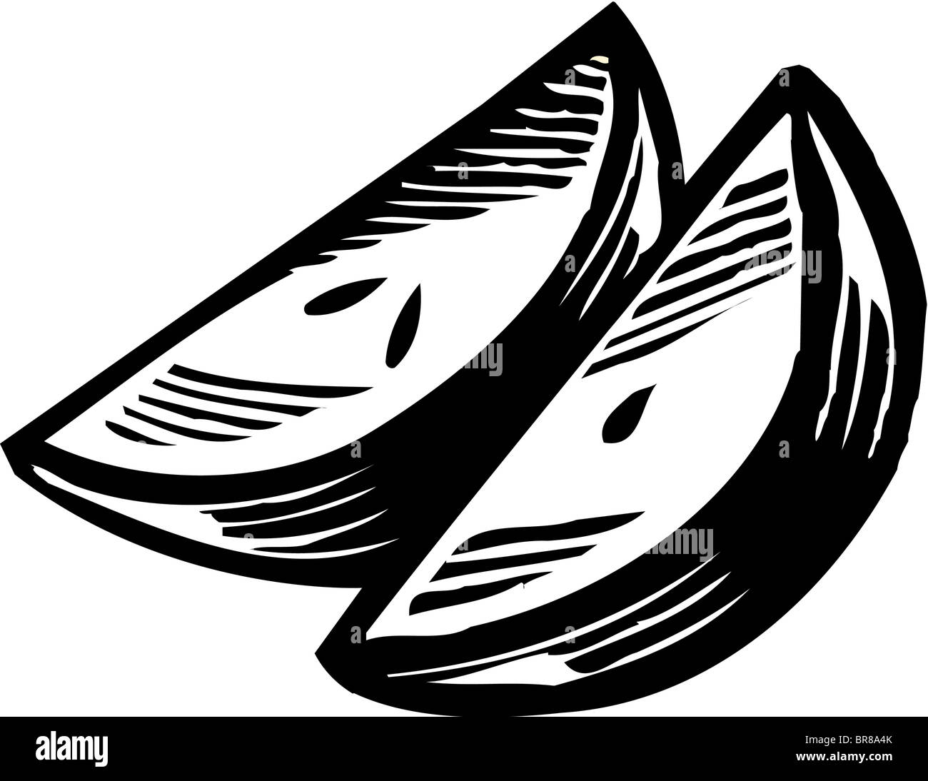 Un dessin de deux tranches de pomme en noir et blanc Banque D'Images
