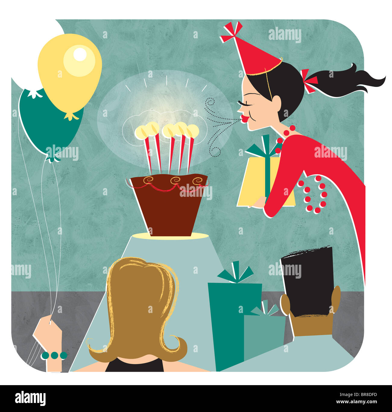 Une Illustration D Une Femme Qui Sort Des Bougies Sur Un Gateau A Son Anniversaire Photo Stock Alamy