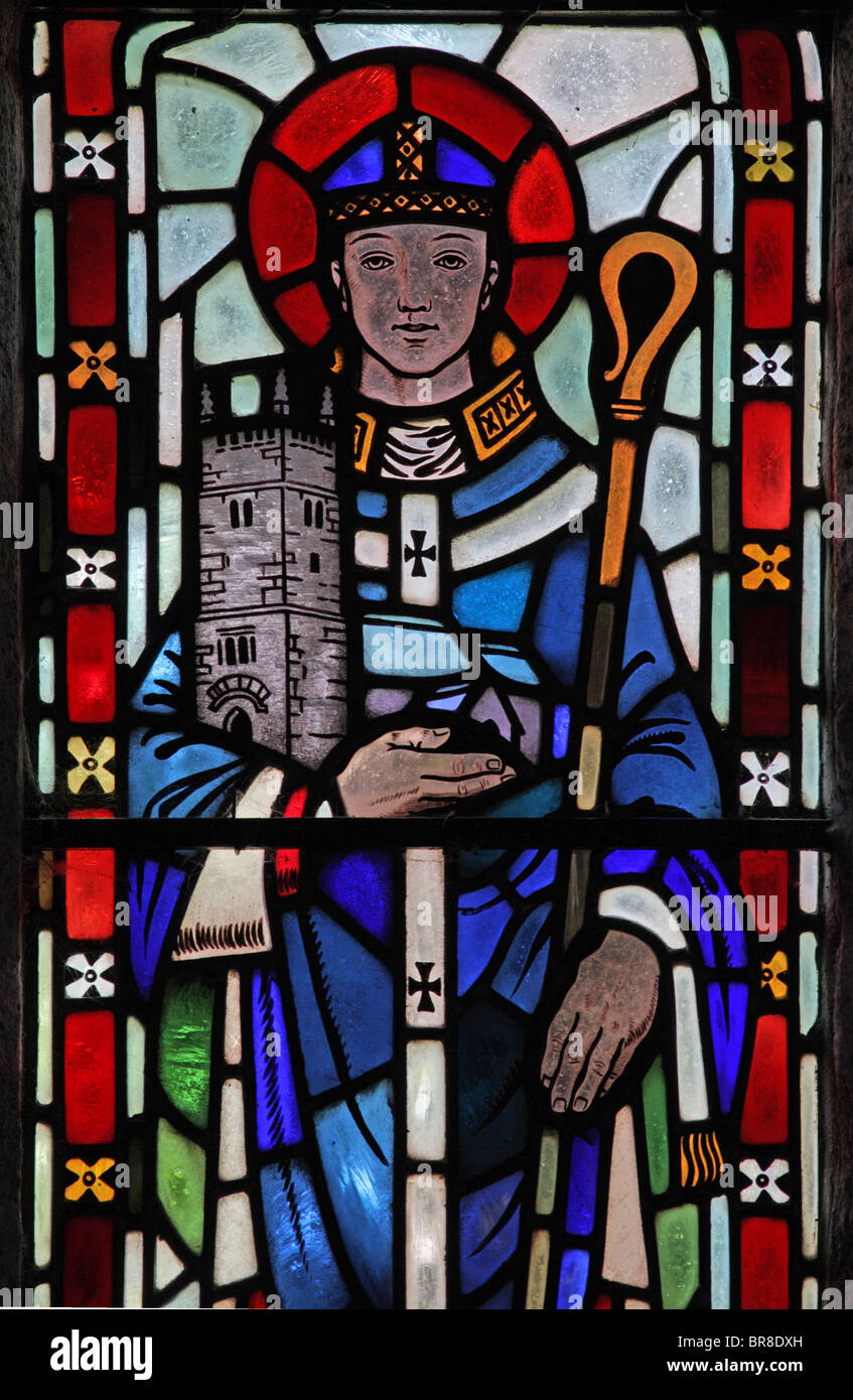 Un vitrail représentant saint Petroc ou Petrock, Clannaborough Church, Devon Banque D'Images