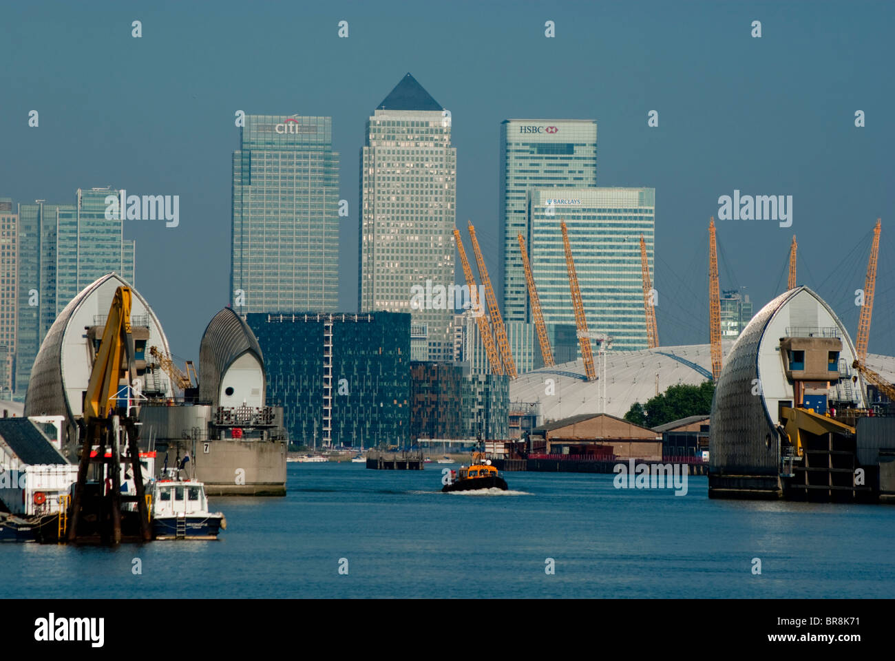 Royaume-uni, Angleterre, Londres, Canary Wharf, Thames Barrier, O2 Banque D'Images