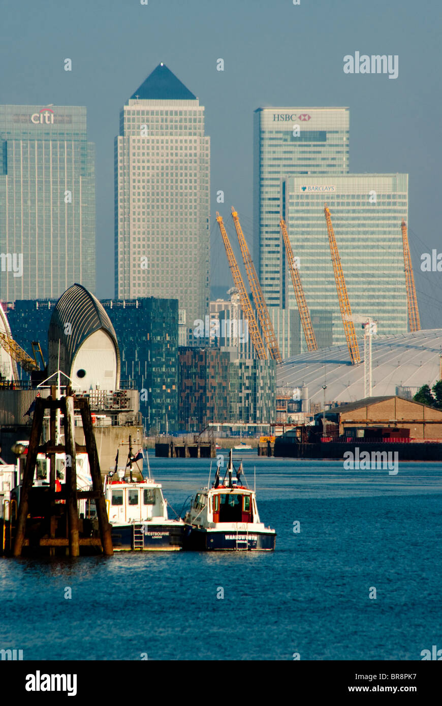Royaume-uni, Angleterre, Londres, Canary Wharf, Thames Barrier, O2 Banque D'Images