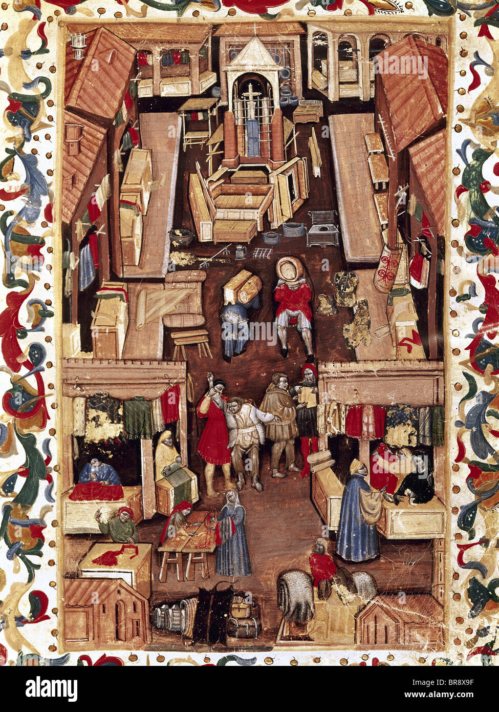 Dans la porte du marché de Ravenne à Bologne. Les vendeurs de rue. Frontispice de codex 'Marticola dei Mercanti', 1470. Banque D'Images
