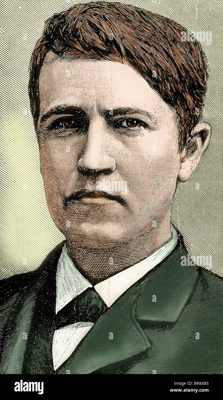 Thomas Alva Edison (1847-1931). L'inventeur américain. Gravure en couleur du 19ème siècle. Banque D'Images