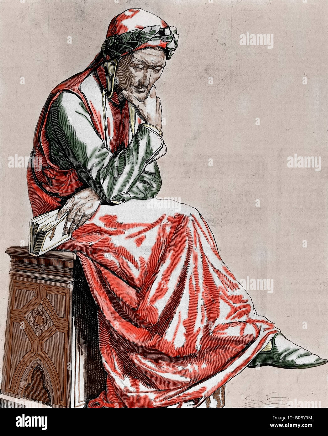 Dante Alighieri (1265-1321). Poète italien. Gravure par Pannemaker. De couleur. Banque D'Images