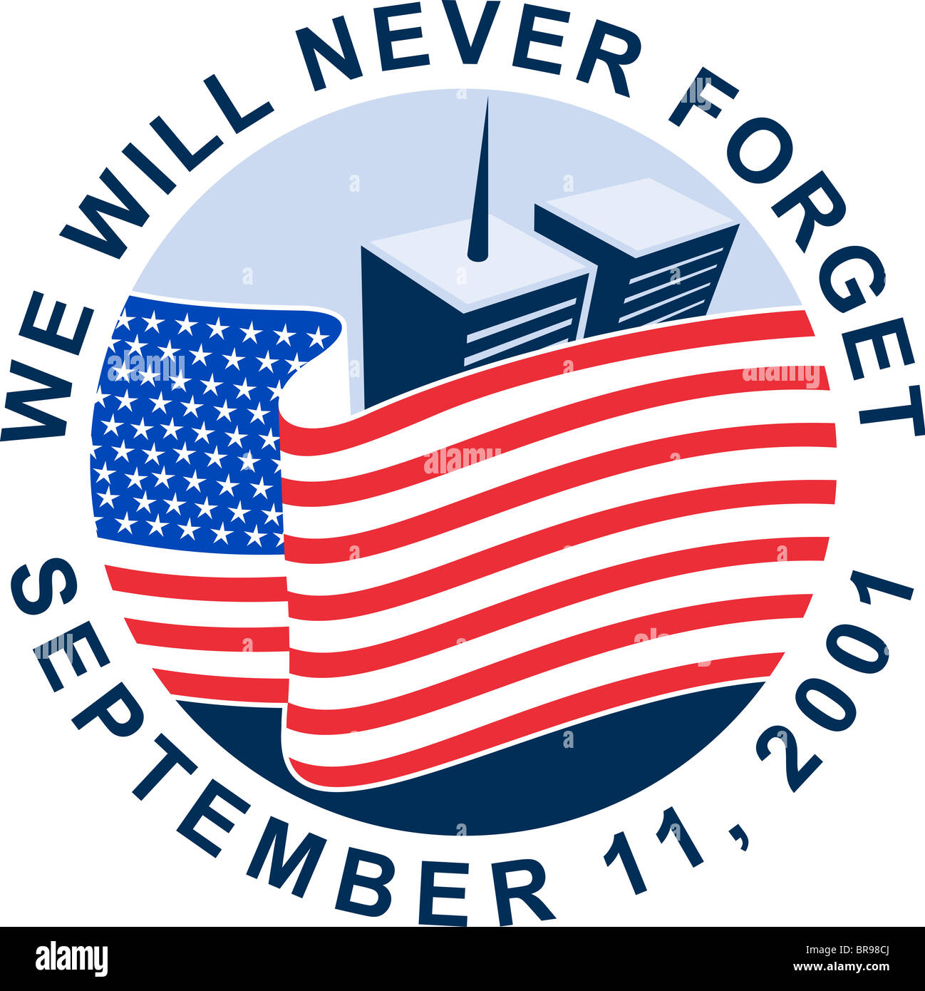 Drapeau américain avec world trade center twin tower building en arrière-plan texte que nous n'oublierons jamais fait style retro illustration. Banque D'Images