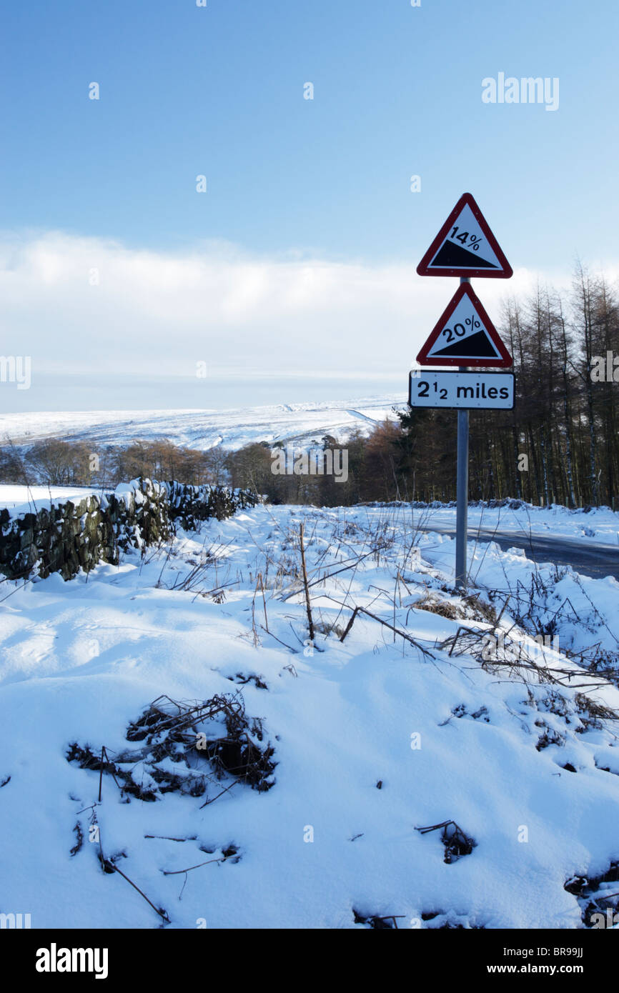 Dangers de la conduite en hiver dans la région de North York Moors national park montre des signes, des routes étroites et la neige Banque D'Images