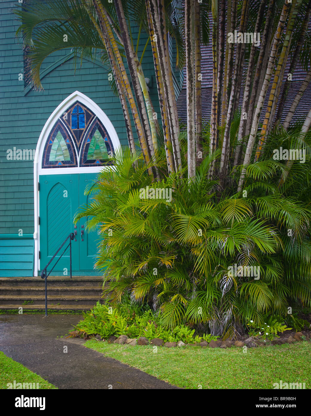 Kauai, HI Détail de porte de l'église, Wai'oli Mission Church en Hanalei Banque D'Images