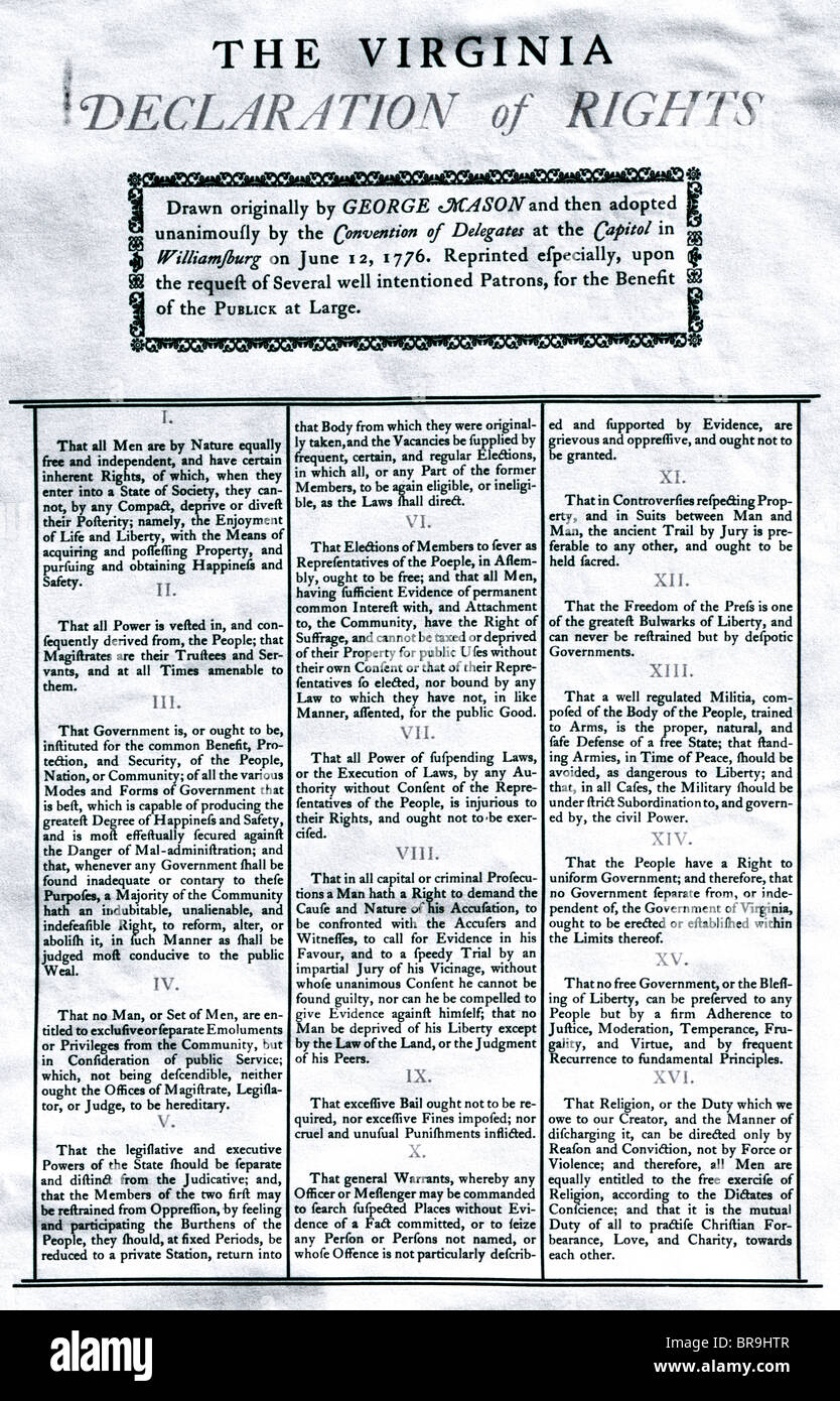 1770 17 juin 1776 LA DÉCLARATION DES DROITS DE LA VIRGINIE 18ème siècle Document imprimé Banque D'Images
