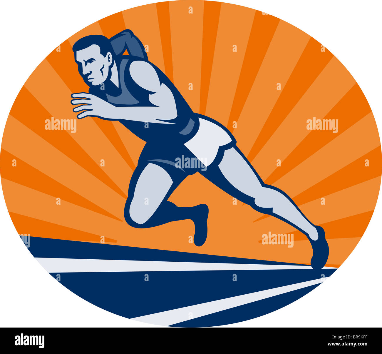 Coureur de marathon sur la voie avec la solarisation vu d'un angle extrêmement faible fait en style retro illustration Banque D'Images