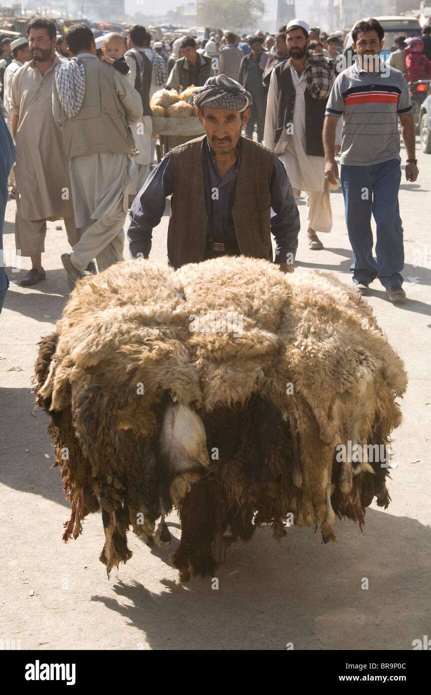 Les roues de l'homme afghane peaux de moutons sur le marché Banque D'Images