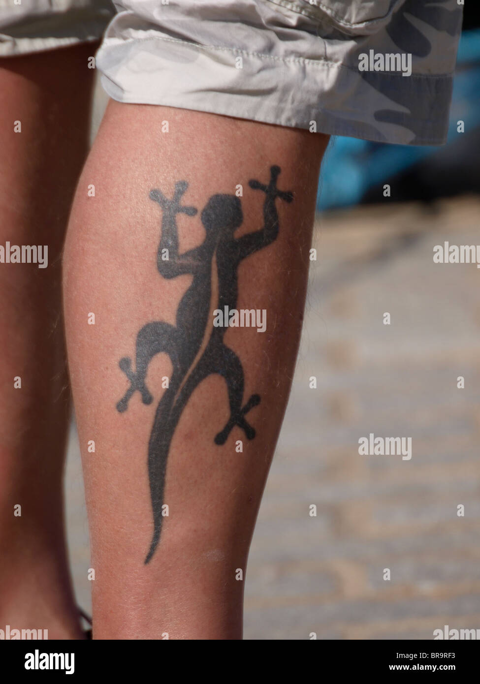 Tatouage d'un lézard sur la jambe inférieure, UK Banque D'Images