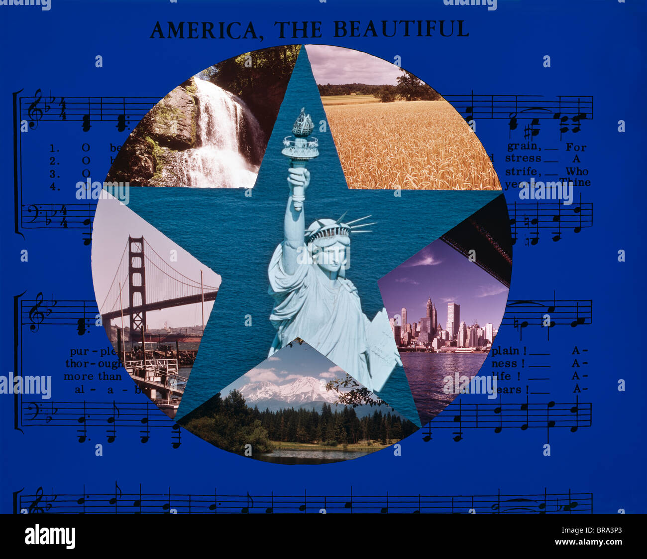 1970 SHEET MUSIC AMERICA THE BEAUTIFUL AVEC MONTAGE DE SCÈNES AMÉRICAINES AVEC STAR CENTRE DE STATUE DE LA LIBERTÉ Banque D'Images