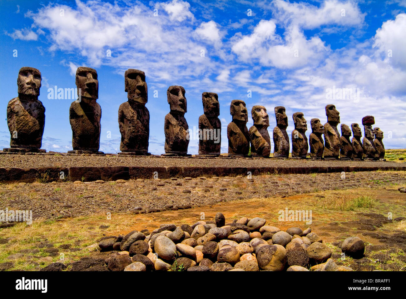Statues Moai de l'ahu Nau Nau plate-forme dans l'île de Pâques pendant le Festival Tapati Rapa Nui Banque D'Images