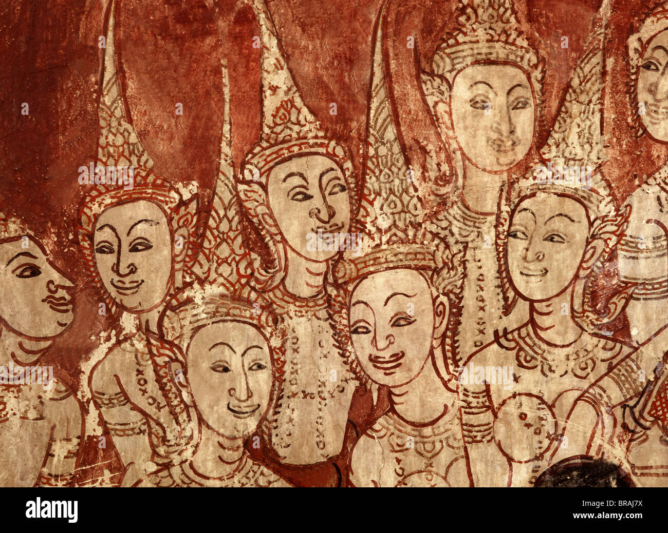 Les divinités célestes, détail de peintures murales datant de la période d'Ayutthaya, Wat Chompoowek, Nonthaburi, Thaïlande, Asie du Sud-Est Banque D'Images
