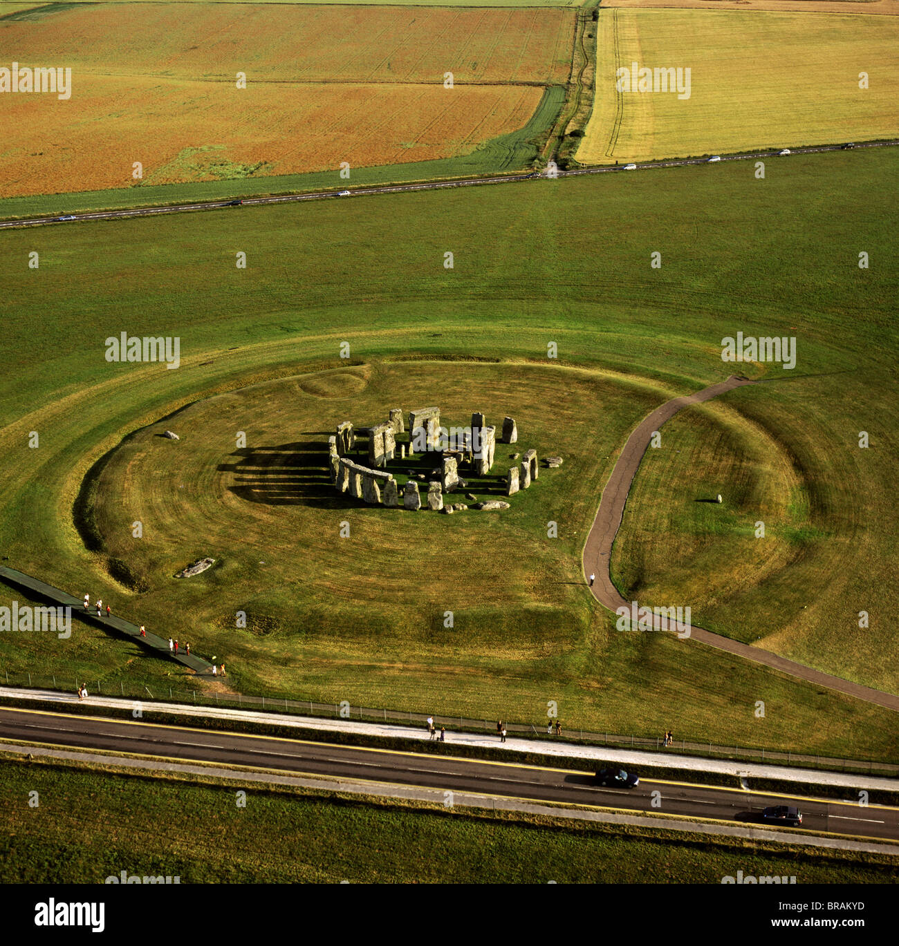 Image aérienne de Stonehenge, monument préhistorique et Stone Circle, l'UNESCO, la plaine de Salisbury, Wiltshire, Angleterre, Royaume-Uni Banque D'Images