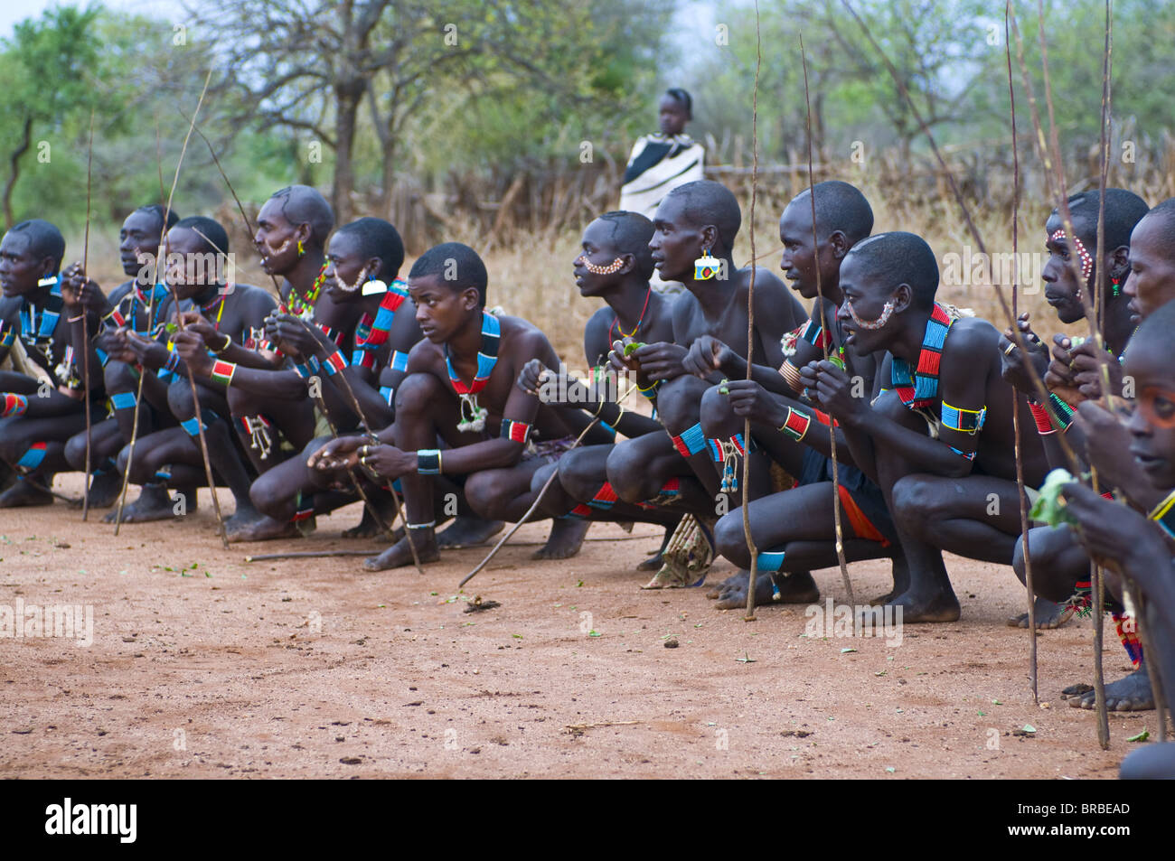 Les jeunes guerriers de la tribu Hamer attendant le Jumping Bull de la cérémonie, vallée de l'Omo, Ethiopie Banque D'Images