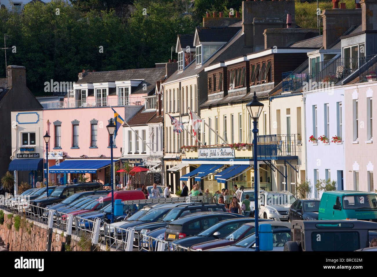 Restaurants et bars, Gorey harbour, Jersey, Channel Islands, Royaume-Uni Banque D'Images