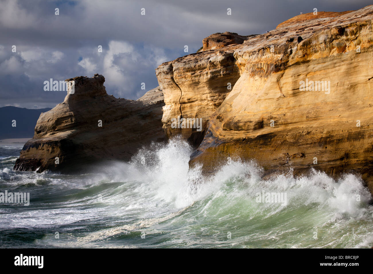 Paysage de la côte de l'Oregon - belle côte sauvage avec des vagues se brisant contre les falaises. Banque D'Images