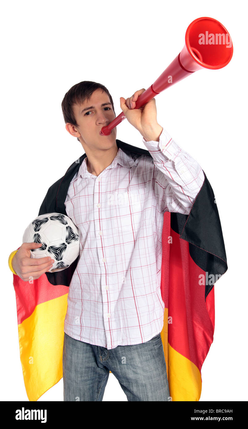 Un fan de football allemand. Tous isolé sur fond blanc. Banque D'Images
