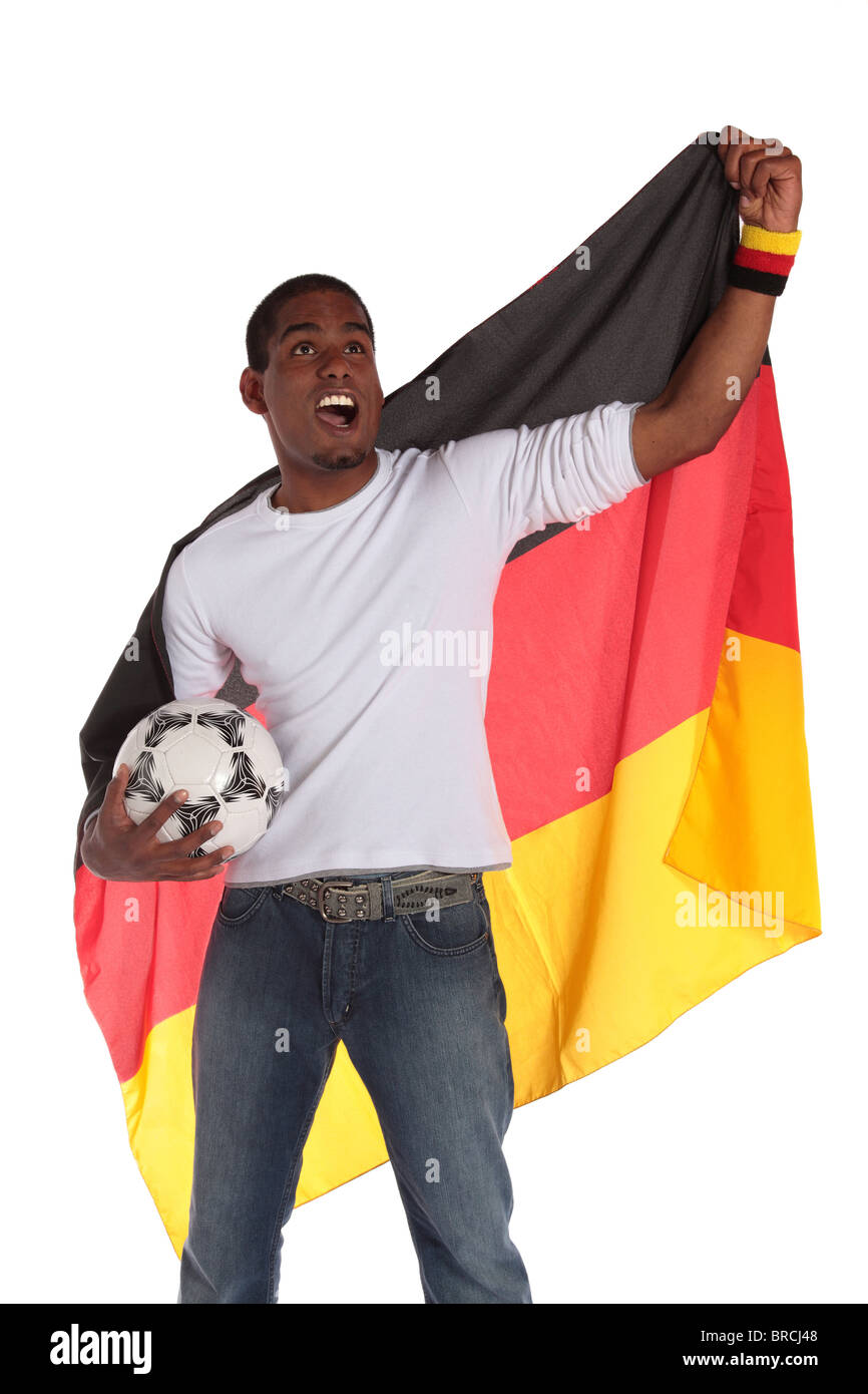 Un supporter de football allemand acclamations. Le tout sur fond blanc. Banque D'Images