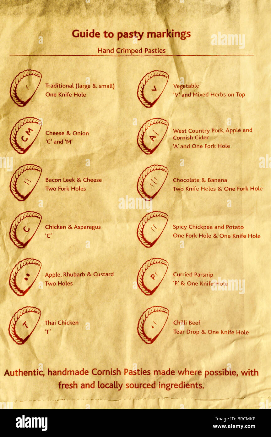 Guide de Cornish pasty repères (les trous et les lettres sont enfoncées dans la pâte de chaque pasty pour indiquer différentes saveurs). Banque D'Images
