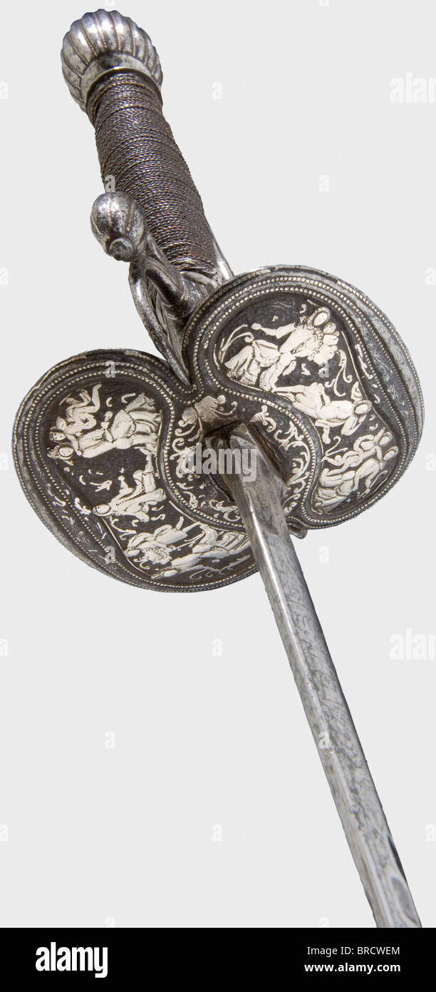 Une fine petite épée allemande avec hile incrusté d'argent, vers 1690 lame  de rouille à double tranchant de la section hexagonale aplatie et  l'inscription « Vivat Prinz Eugenius » gravée (en caoutchouc)