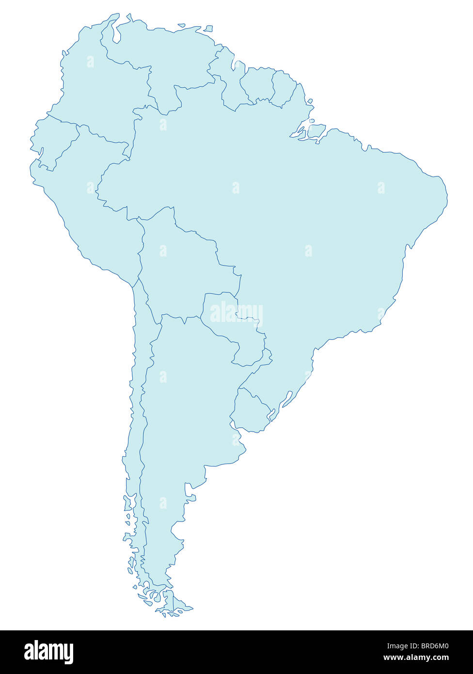 Carte stylisée de l'Amérique du Sud dans ton bleu. Le tout sur fond blanc. Banque D'Images