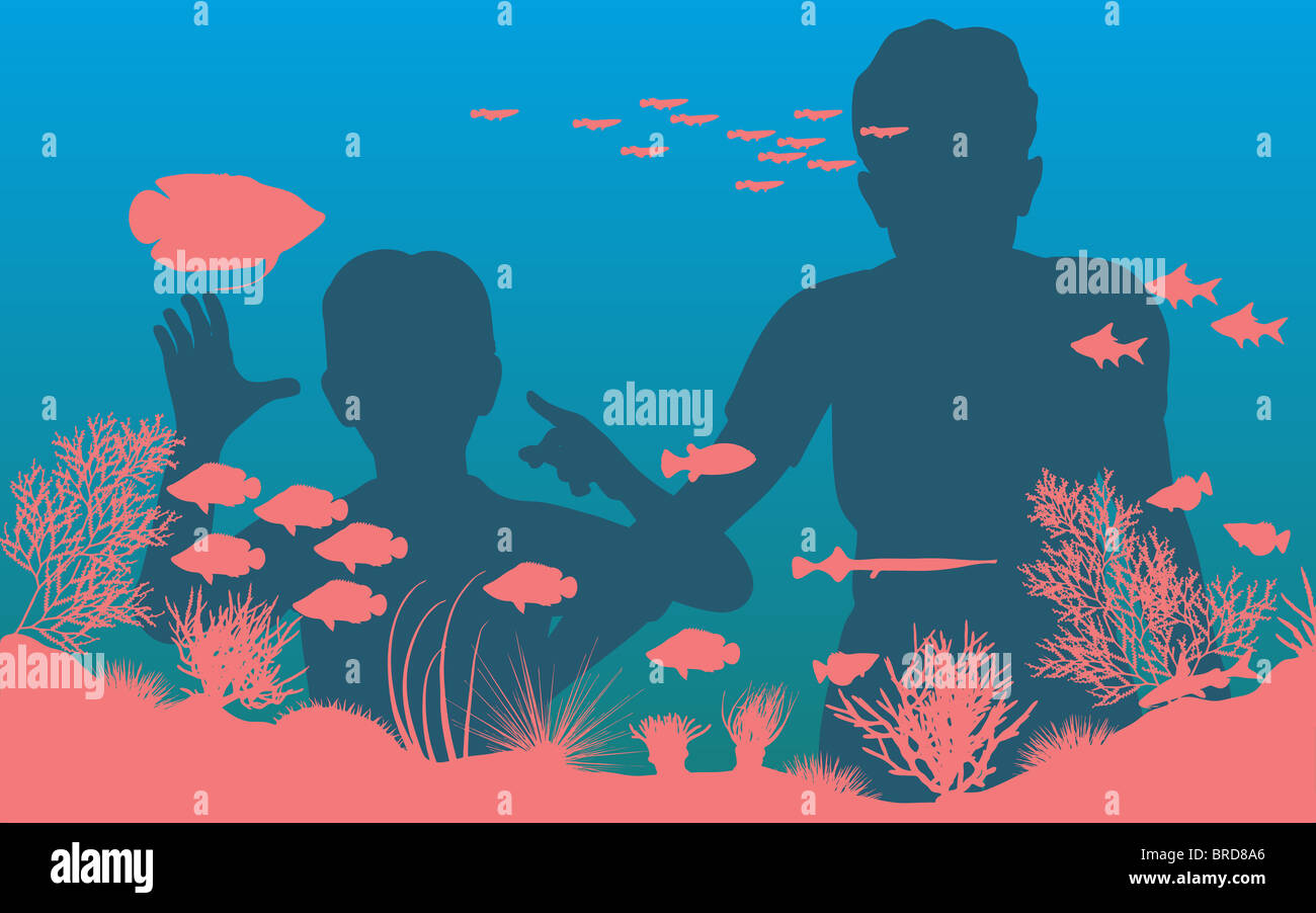 Illustration de la mère et le fils en regardant des poissons dans un aquarium Banque D'Images