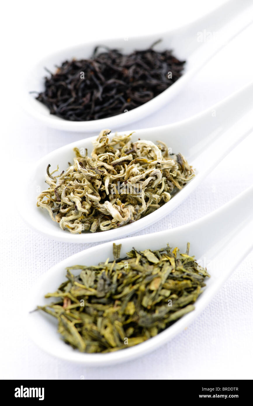 Noir, blanc et vert les feuilles de thé sèches dans les cuillères Banque D'Images